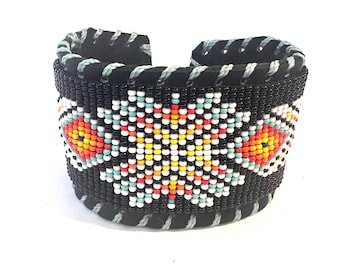 Unisex Leather Beaded Wide Cuff Bracelet / Bead Work Design