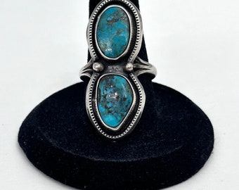 Size 7.75 Vintage Navajo Sterling Silver High Grade Turquoise Double Gemstone Ring (A046)