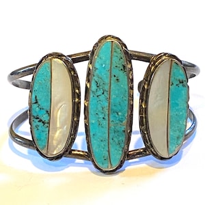 Bracelet/manchette vintage Norman Lee Navajo turquoise et nacre incrustée en argent sterling B020