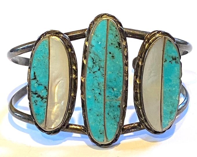 Norman Lee Vintage Navajo Turquoise & MOP  Inlay Sterling Silver Bracelet/ Cuff B020