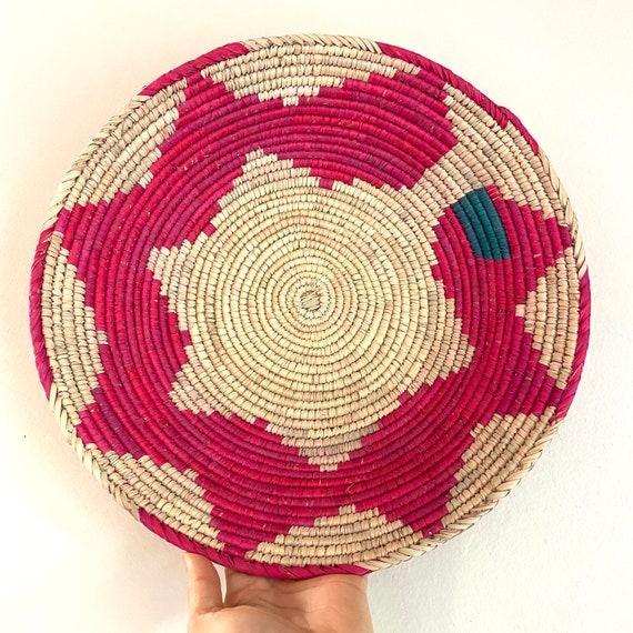 13.5” Shallow Woven Basket, Southwestern Style Decor, Bohemian Decor, Hippie Chic Decor