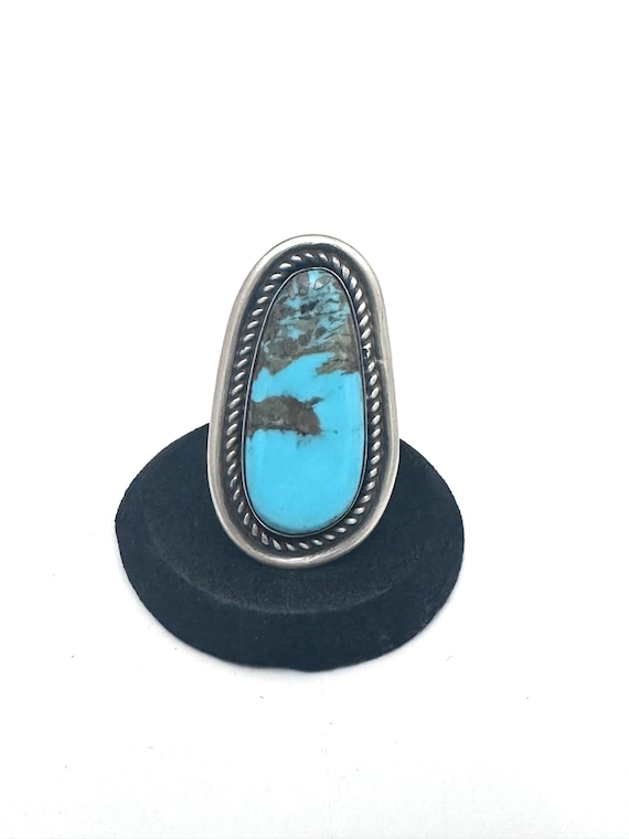 Big Handmade Sterling Silver & Turquoise Ring By Navajo Artist Chimney Butte