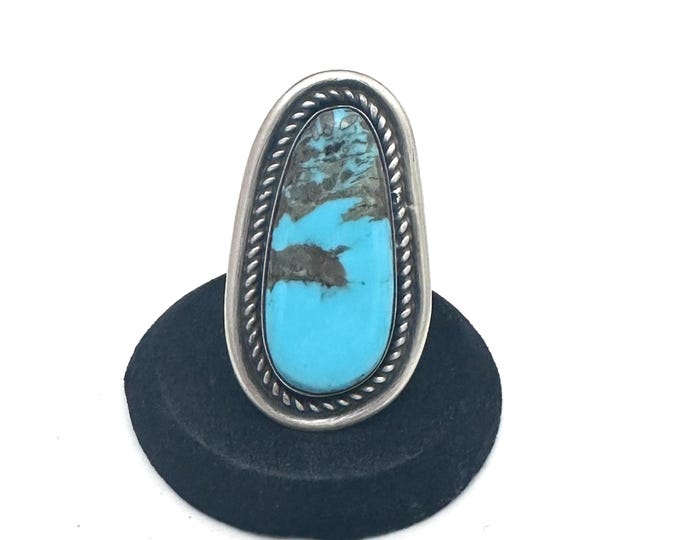 Big Handmade Sterling Silver & Turquoise Ring By Navajo Artist Chimney Butte