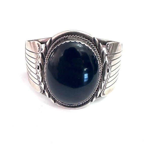Vintage Native American Sterling Silver Onyx Cuff Bracelet, 58 Grams