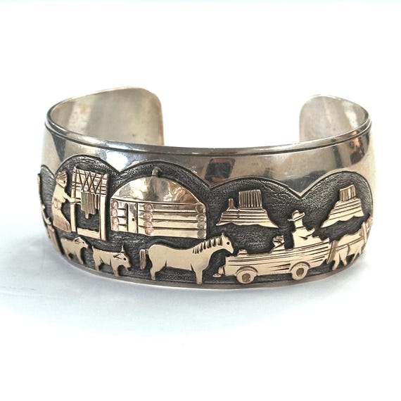 Vintage Sterling Silver & Gold Filled Storyteller Cuff- Bracelet -By Jacob Kahe (B060)