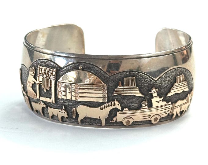 Vintage Sterling Silver & Gold Filled  Storyteller Cuff- Bracelet -By Jacob Kahe (B060)