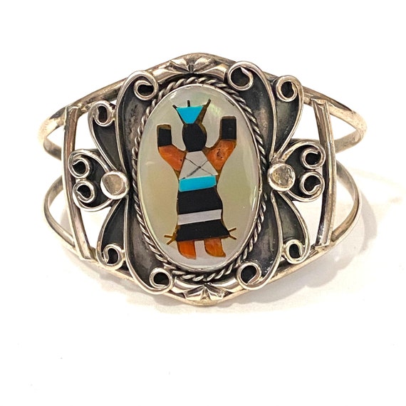 Vintage Sterling Silver Kachina Dancer Inlay Mother of Pearl Cuff Bracelet, 18 Grams, Native American B010