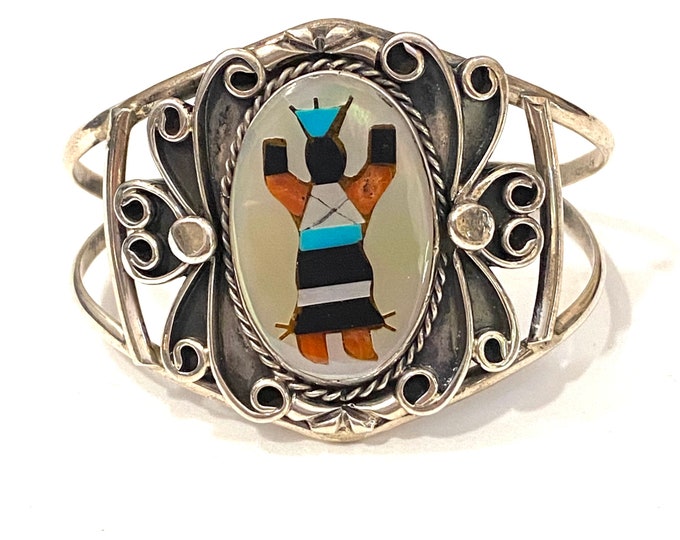 Vintage Sterling Silver Kachina Dancer Cuff Bracelet, Mother of Pearl Inlay