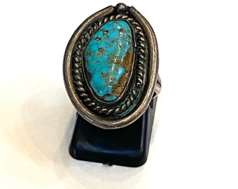 Sz. 6.25 Vintage Native American Sterling Silver Turquoise Ring, A086