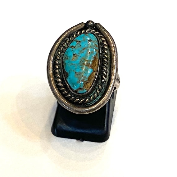 Sz. 6.25 Vintage Native American Sterling Silver Turquoise Ring, A086