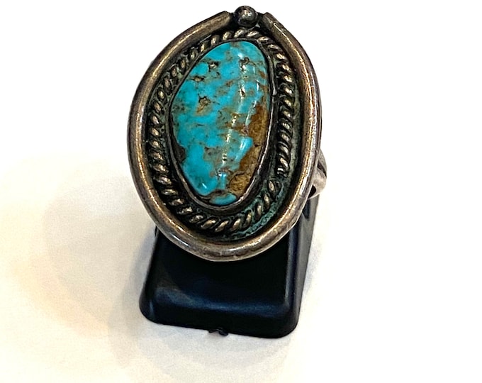 Sz. 6.25 Vintage Native American Sterling Silver Turquoise Ring, A086