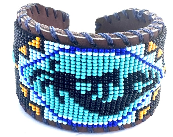 Unisex Leather Beaded Wide Cuff Bracelet / Bead Work Design