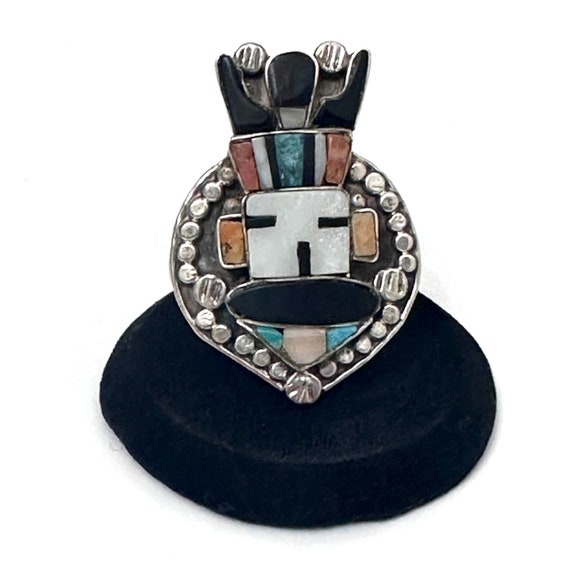 Huge Southwest Vintage Sterling Silver Multi Stone Inlay Kachina Ring, (R017)