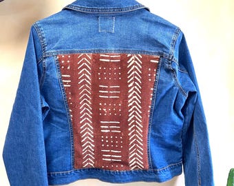 Embellished Denim Jacket, African Textiles, Boho Jean Jacket (M)