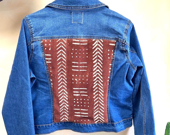 Embroidered Denim Jacket, African Textiles, Boho Jean Jacket (M)