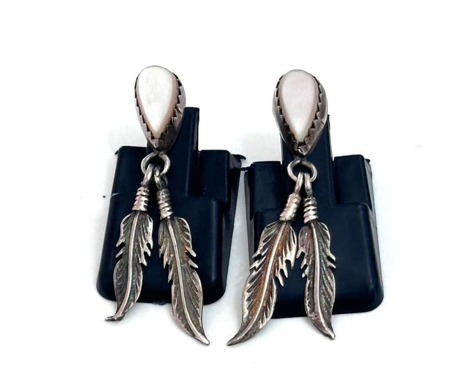 Vintage Navajo Sterling Silver & Mother of Pearl Dangle Feather Post Earrings