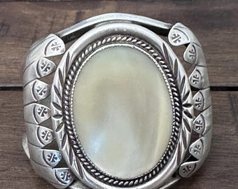Vintage Sterling Silver & Mother of Pearl Solid Cuff Bracelet, 57 Grams, Navajo Bracelet