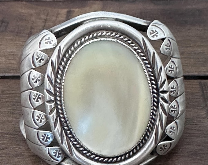 Vintage Sterling Silver & Mother of Pearl Solid Cuff Bracelet, 57 Grams, Navajo Bracelet