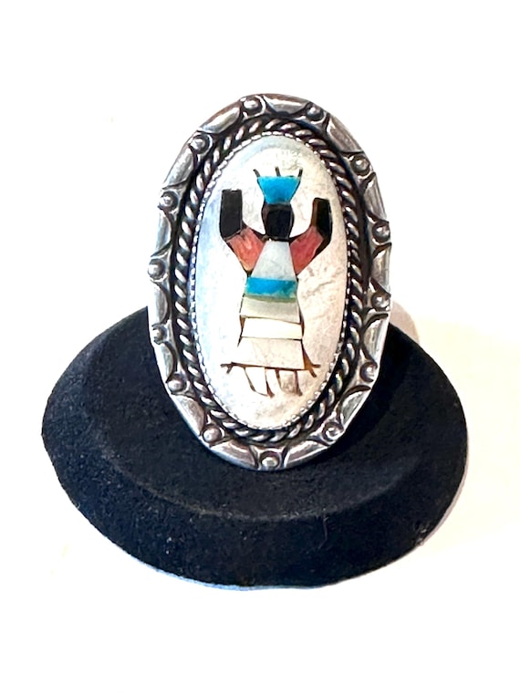 Vintage Sterling Silver Roland Hogan Begay RHB Navajo Inlaid Multi-Stone Kachina Ring (A014)