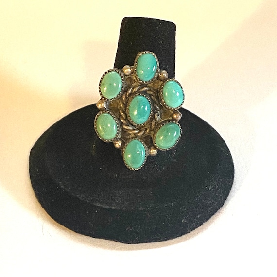 Size 7.25 Vintage Native American Sterling Silver & Turquoise Cluster Ring A006