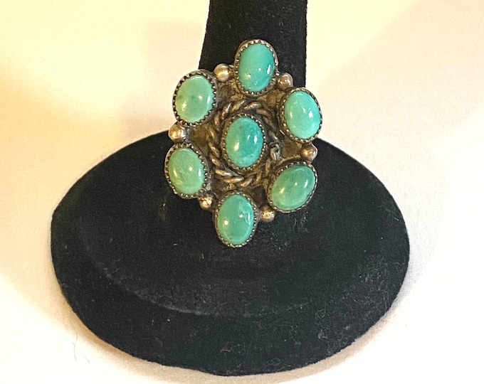 Size 7.25 Vintage Native American Sterling Silver & Turquoise Cluster Ring A006