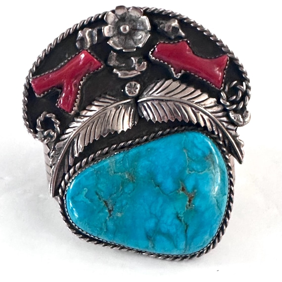 93 Gr. Native American Turquoise & Mediterranean Coral Vintage Squash Blossom Cuff Bracelet