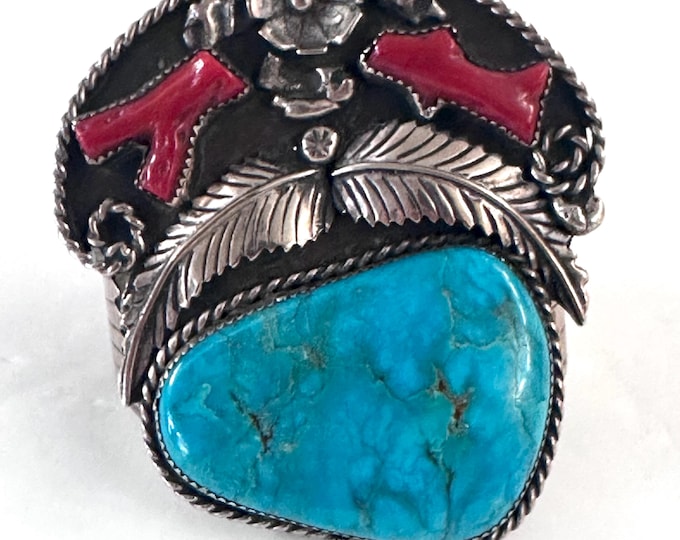 93 Gr. Native American Turquoise & Mediterranean Coral Vintage Squash Blossom Cuff Bracelet (B059)
