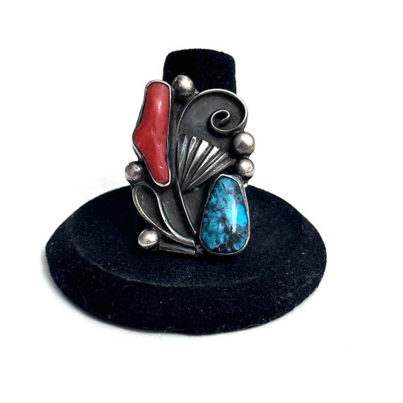 Size 8 Vintage Southwest Navajo Sterling Silver Turquoise Coral Ring (A051)