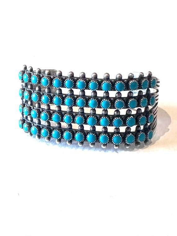 Rare 4 Row Early Vintage Native American Zuni Turquoise Snake Eyes Sterling Silver Bracelet Rare 4 Row Early Vintage Native American Zuni Turquoise Snake Eyes Sterling Silver Bracelet