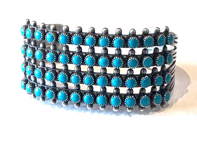 Vtg Zuni Sterling Silver 4 Rows Turquoise Snake Eye Petit Point Cuff Bracelet