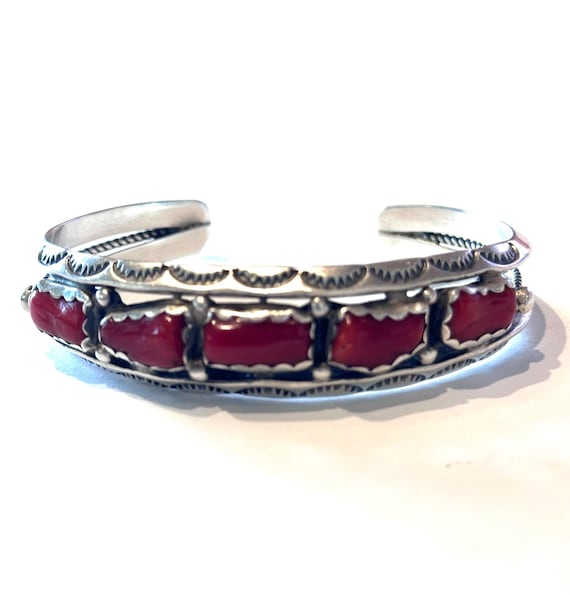 28 Gr. Signed Vintage Navajo Sterling Silver and Mediterranean Coral Cuff, Navajo Bracelet, Sterling Coral Cuff/ Coral Row Bracelet (B061)