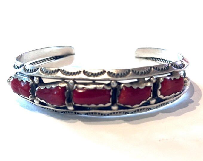 28 Gr. Signed Vintage Navajo Sterling Silver and Mediterranean Coral Cuff,  Navajo Bracelet, Sterling Coral Cuff/  Coral Row Bracelet (B061)