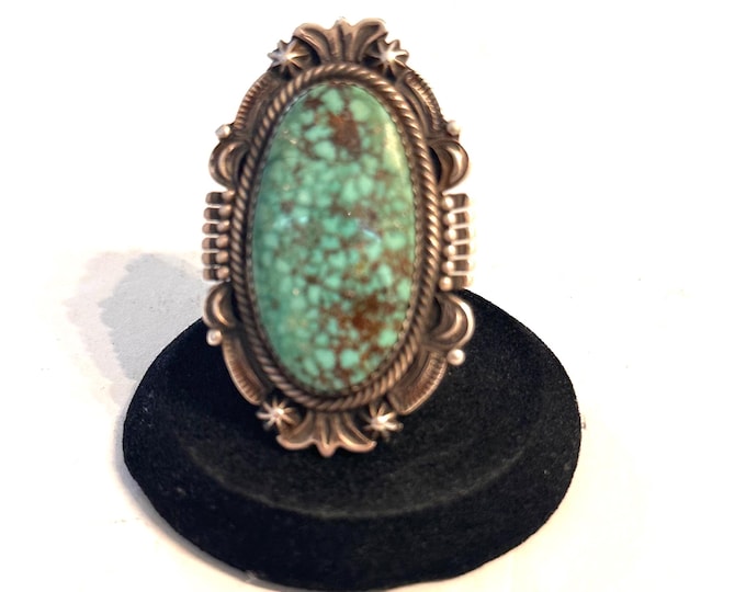 Navajo Bennie Ration Natural Turquoise And Sterling Silver Signed Ring, Sz 7.5