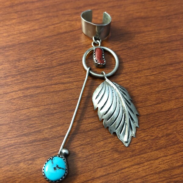 Sterling Silver Native American Turquoise Coral Dangle Ear Cuff, Sterling Silver Ear Cuff, Navajo Turquoise Ear Cuff
