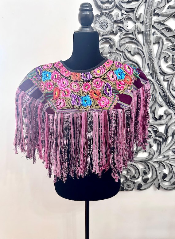Vintage Guatemalan Multi Color Floral Embroidered Fringed Poncho/ Cape Fits S/M/L