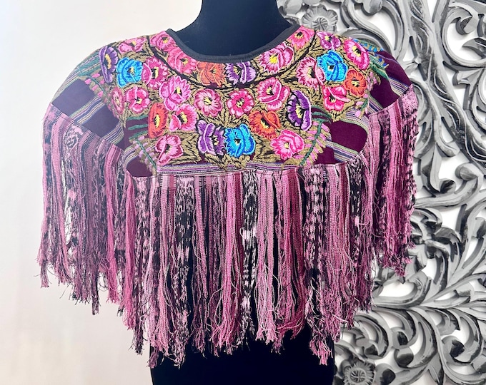 Vintage Guatemalan Multi Color Floral Embroidered Fringed Poncho/ Cape Fits S/M/L