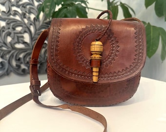 Vintage Boho Hand Tooled Leather Crossbody Bag/ Adjustable Strap