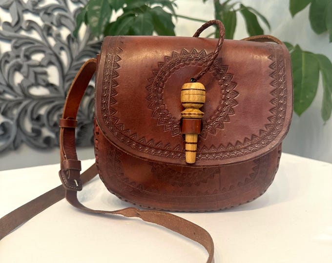 Vintage Boho Hand Tooled Leather Crossbody Bag/ Adjustable Strap