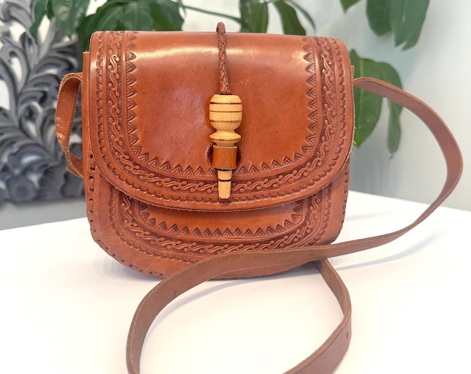 Vintage Boho Hand Tooled Leather Crossbody Bag/ Adjustable Strap