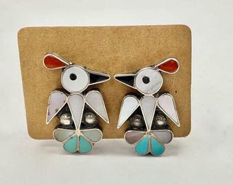 Vintage Zuni Sterling silver channel inlaid bird clip-on earrings
