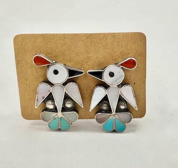 Vintage Zuni Sterling silver channel inlaid bird clip-on earrings