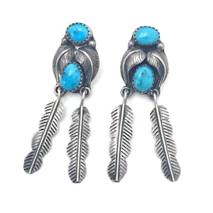 Navajo F. Arviso Sterling Silver & Turquoise Feather Earrings Signed