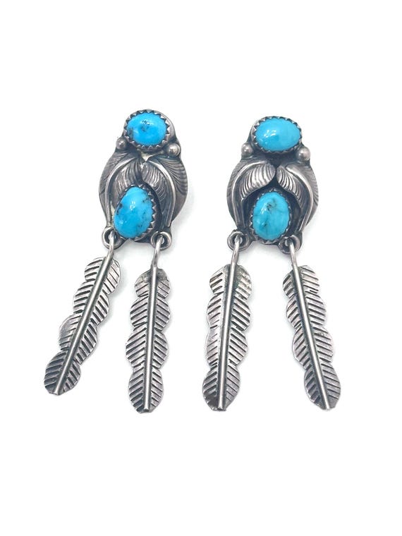 Navajo F. Arviso Sterling Silver & Turquoise Feather Earrings Signed
