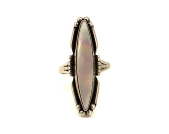 Sz 7.5 Vintage Mother of Pearl, Sterling Silver Ring By Anna Begay, Navajo