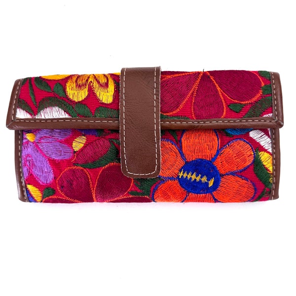 Guatemalan Leather Trifold Wallet, Embroidered Mayan Design Wallet With Check Book Slit