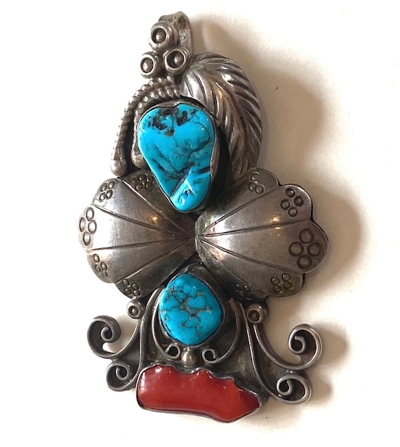 Huge Vintage Native American Sterling Silver & Natural Turquoise and Coral Pendant - High Quality Piece! N007