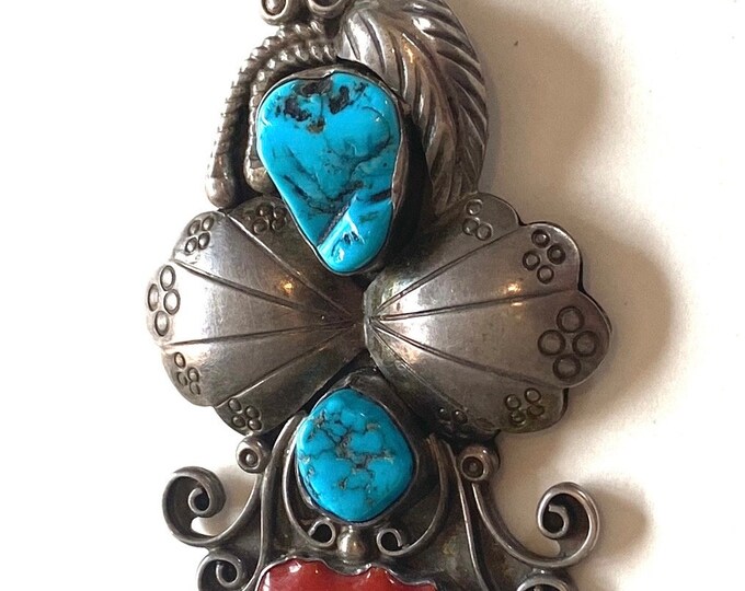 Vintage Native American Sterling Silver Turquoise Coral Pendant