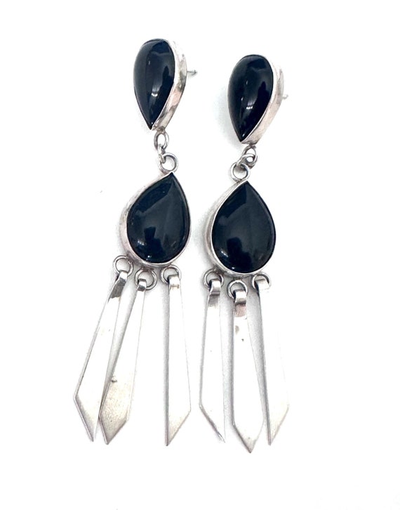 Vintage Nakai Navajo Long Statement Sterling Silver & Onyx Earrings