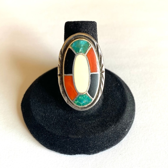 Size 6.5 Vintage Zuni Multi Stone Inlay Sterling Silver Ring #A045