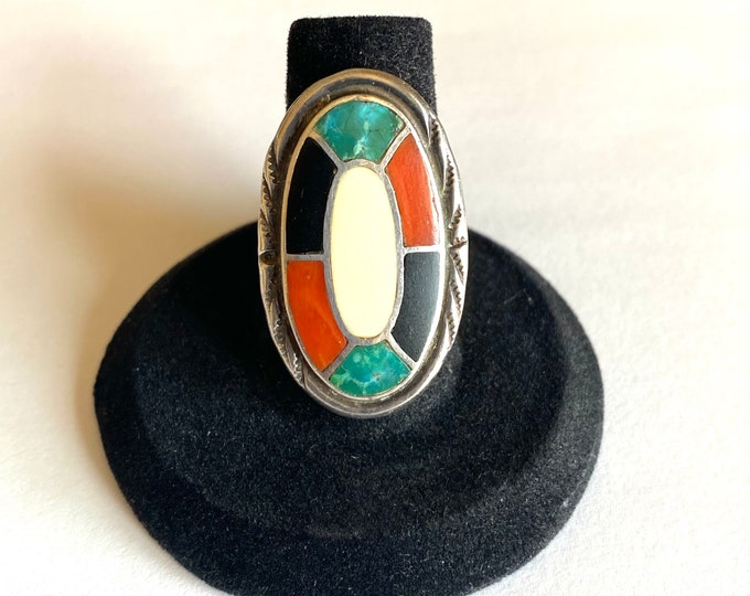 Size 6.5 Vintage Zuni Multi Stone Inlay Sterling Silver Ring #A045